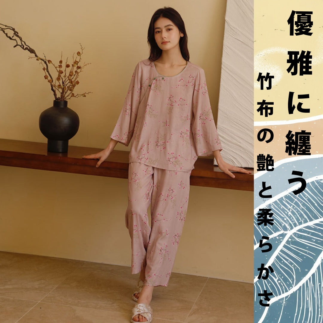 竹布🎋TAKEFU 【日本製】ピンクの梅 8分袖 8分丈ズボン 襟なし パジャマ ルームウェア