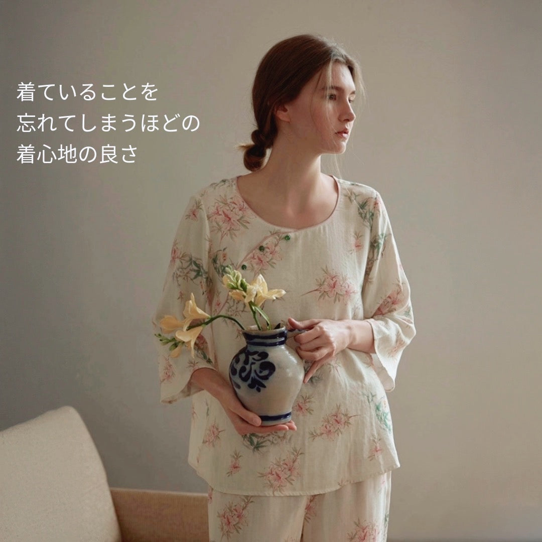 竹布🎋TAKEFU 【日本製】ピンクのお花&竹柄 7分袖 長ズボン 襟なし パジャマ ルームウェア