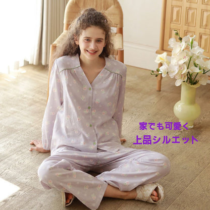 WダブルガーゼW【日本製】2025新作  フェミニンローズ　2色   長袖　長ズボン  V開き　襟なし パジャマ ルームウェア