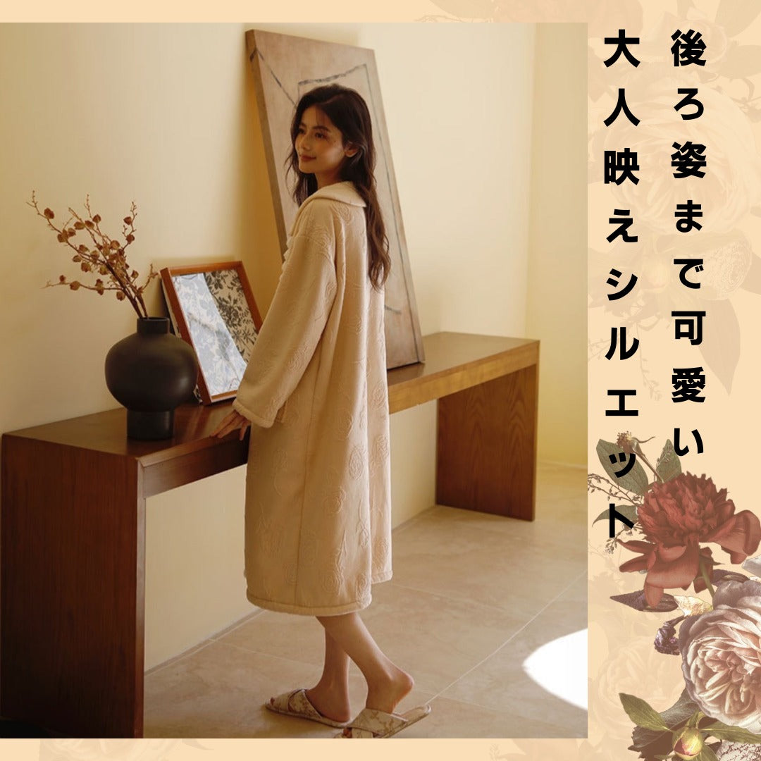 【秋冬物発売開始！！】2025 冬新作❄️日本製❤️モコモコルームウェア　ベージュ　バラ　羽織り　ワンピーススタイル