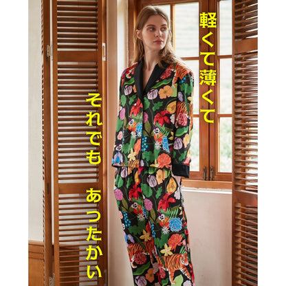 【先行発売開始】2025秋冬新作 🎃ホットシルク　裏地ベロア　ハイビスカス柄 　 長袖 長ズボン パジャマ ルームウェア