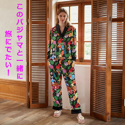 【先行発売開始】2025秋冬新作 🎃ホットシルク　裏地ベロア　ハイビスカス柄 　 長袖 長ズボン パジャマ ルームウェア