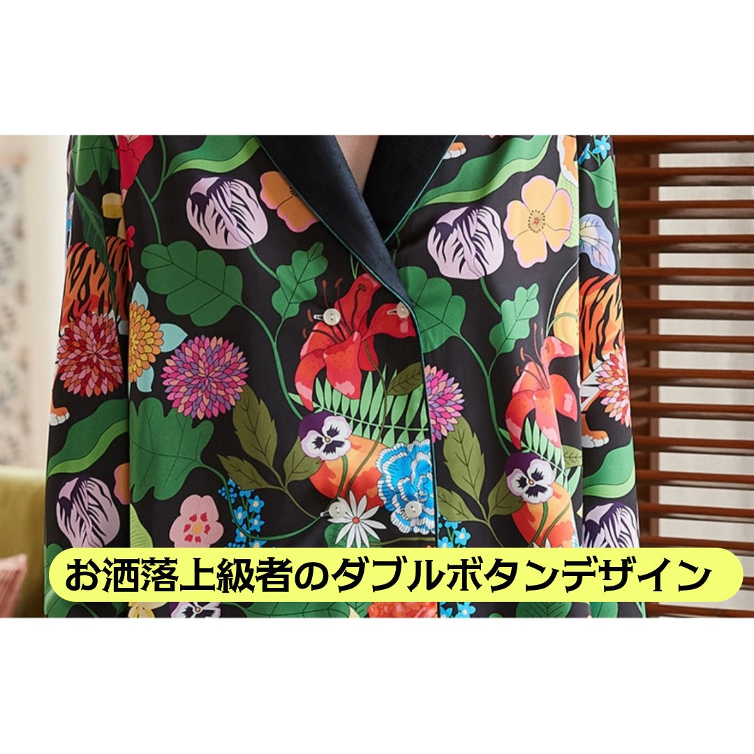 【先行発売開始】2025秋冬新作 🎃ホットシルク　裏地ベロア　ハイビスカス柄 　 長袖 長ズボン パジャマ ルームウェア