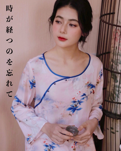 竹布🎋TAKEFU 【日本製】　　青紫色の花と赤い鳥　8分袖 　8分丈ズボン　パジャマ 　ルームウェア