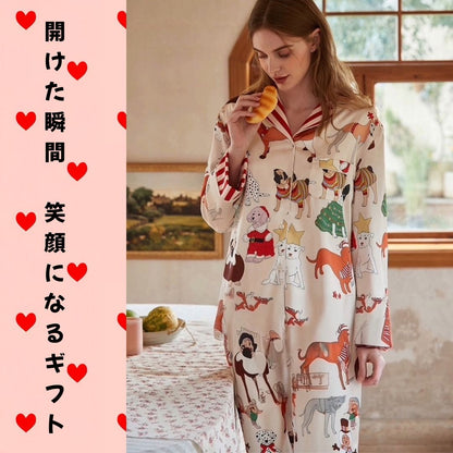 【先行発売開始】2025秋冬新作 🎃ホットシルク　裏地ベロア　ベージュ   わんチャン柄 　襟レッドストライプ柄 　 長袖 長ズボン パジャマ ルームウェア