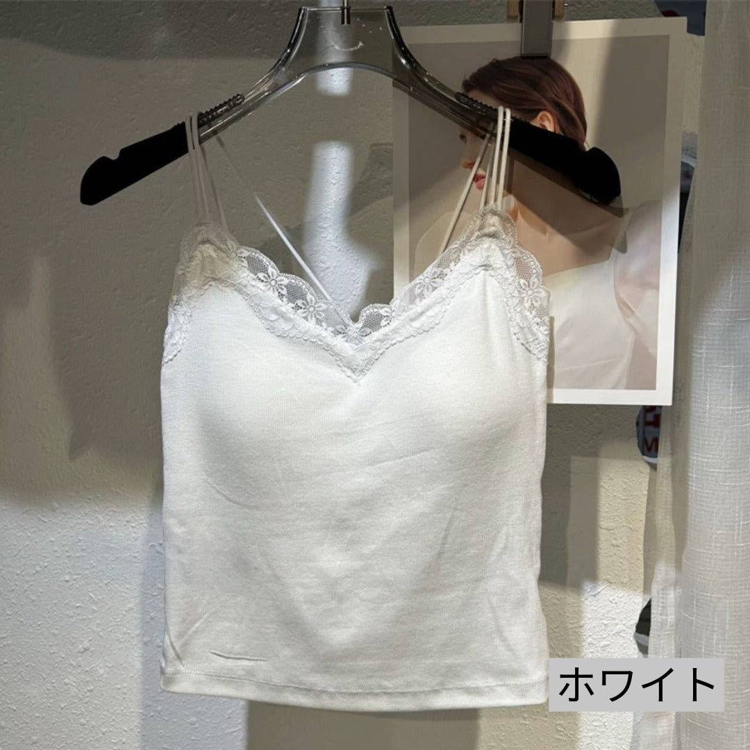 【FIORA】カップ付き胸元レースキャミソール着痩せ柔らかい重ね着インナー美ライン