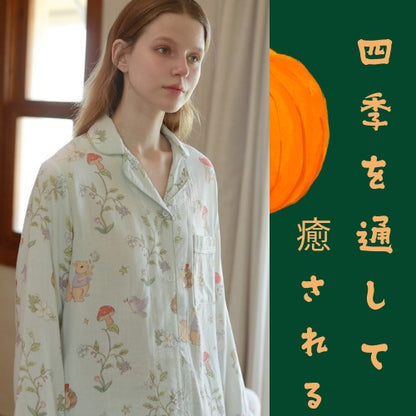 竹布🎋TAKEFU★【日本製】2025秋冬新作♦︎ライトブルー　キノコと動物たち　長袖 長ズボン パジャマ ルームウェア