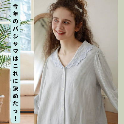 2025Winter 【日本製】全面起毛　パステル ストライプ柄 襟元花柄刺繍　袖口　全面起毛だから片面よりさらに柔らかく、あたたかい！　綿100％