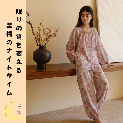WダブルガーゼW【日本製】2025新作  ピンク染め   長袖　長ズボン  襟なし パジャマ ルームウェア