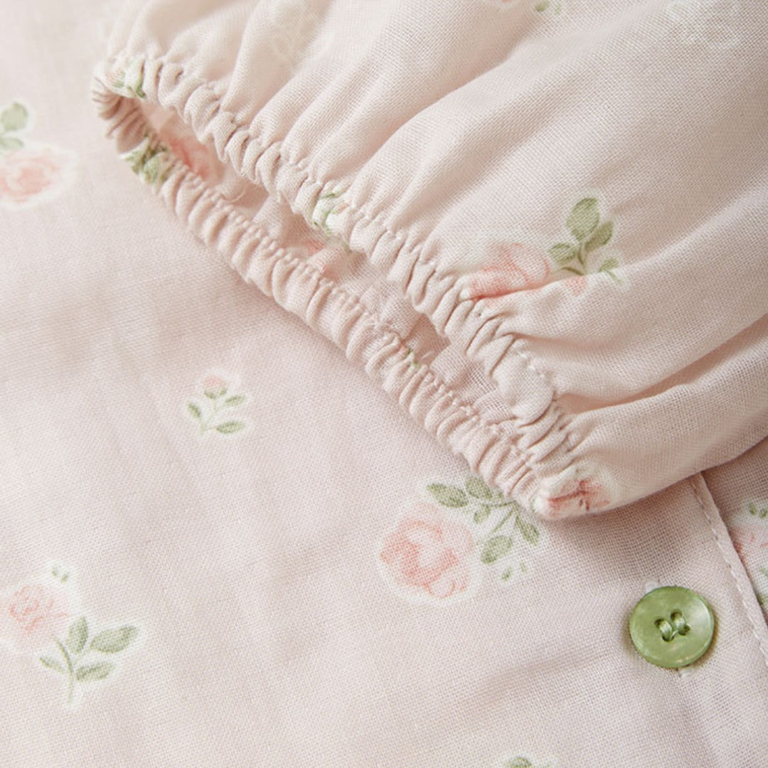 WダブルガーゼW【日本製】2025新作  フェミニンローズ　2色   長袖　長ズボン  V開き　襟なし パジャマ ルームウェア