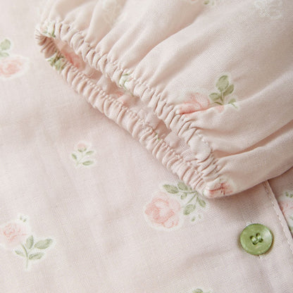 WダブルガーゼW【日本製】2025新作  フェミニンローズ　2色   長袖　長ズボン  V開き　襟なし パジャマ ルームウェア