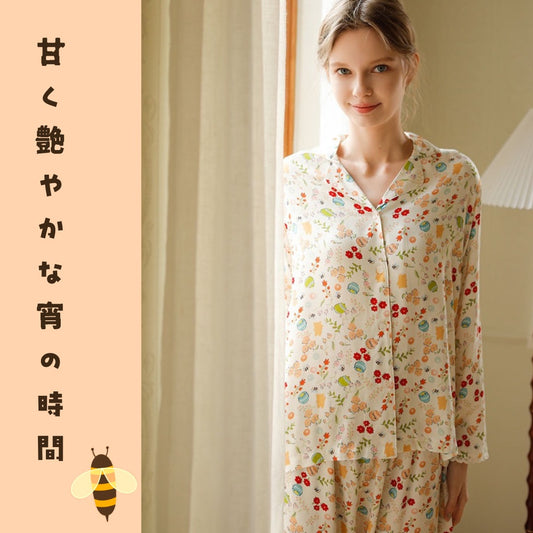 【FIORA】綿サテン 極艶  はちみつ壺柄 長袖  長ズボン パジャマ ルームウェア レディース　