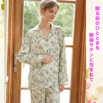 2026年新作　綿サテン　清美華ブルー　【日本製】　　長袖　 長ズボン パジャマ ルームウェア