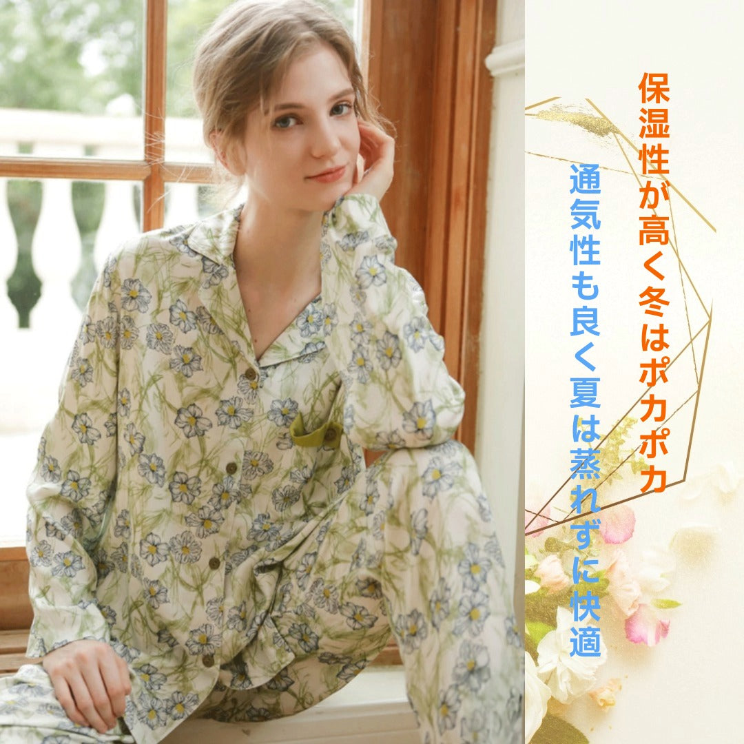 2026年新作　綿サテン　清美華ブルー　【日本製】　　長袖　 長ズボン パジャマ ルームウェア