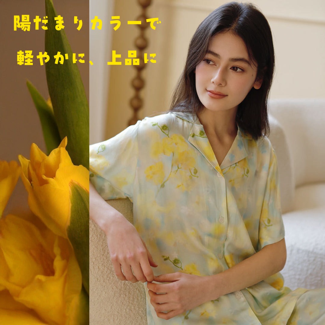 【FIORA】綿サテン 極艶 春の知らせイエロー花柄　長袖 ＆長ズボン　半袖＆長ズボン パジャマ ルームウェア レディース