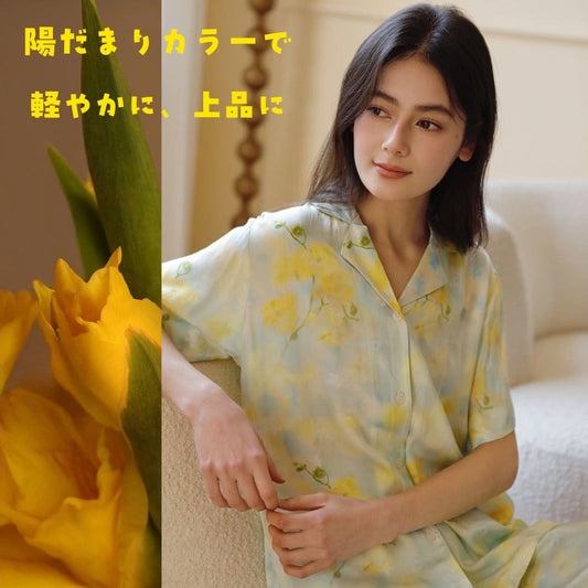 【FIORA】綿サテン 極艶 春の知らせイエロー花柄　長袖 ＆長ズボン　半袖＆長ズボン パジャマ ルームウェア レディース