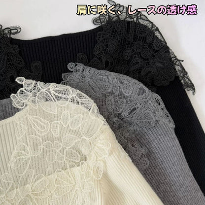 【FIORA】トップス レース切り替えトップス ブラック グレー ホワイト ３色展開 着痩せ