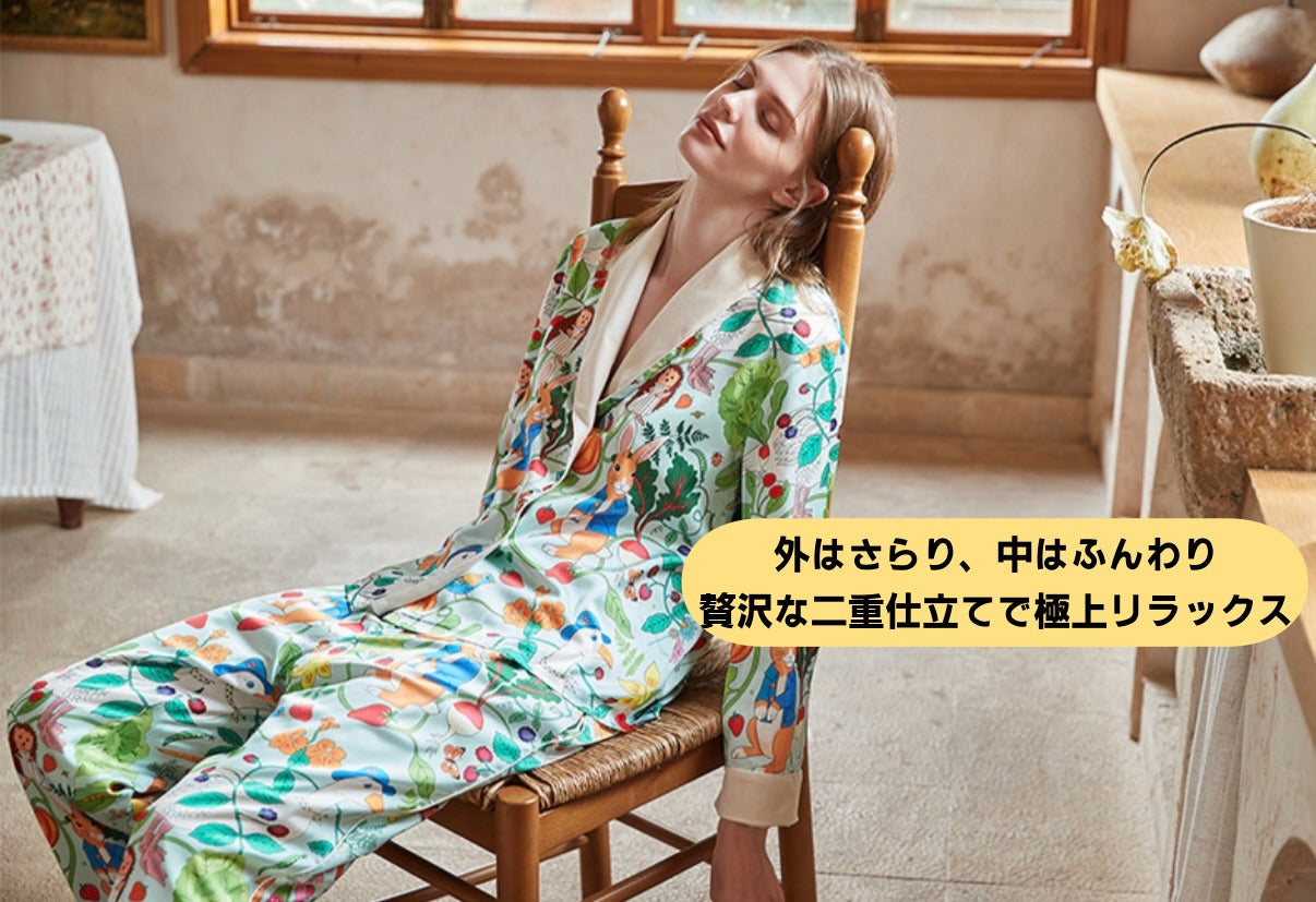 【先行発売開始】2025秋冬新作 🎃ホットシルク　裏地ベロア　ハリネズミ＆うさぎ柄  長袖 長ズボン パジャマ ルームウェア