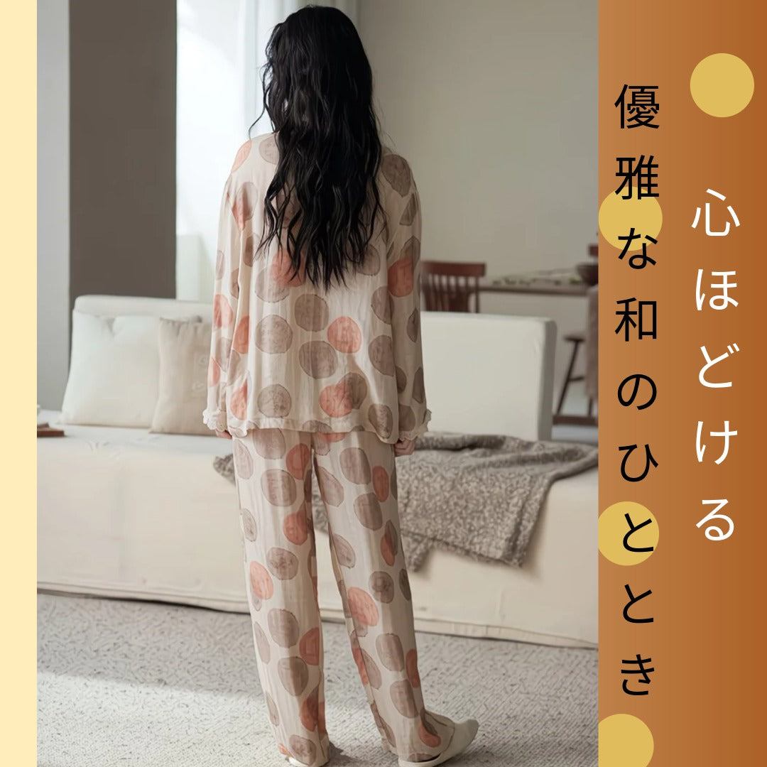 【FIORA】竹布 TAKEFU ベージュ ドット 長袖 長ズボン パジャマ ルームウェア レディース