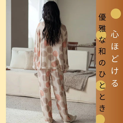 【FIORA】竹布 TAKEFU ベージュ ドット 長袖 長ズボン パジャマ ルームウェア レディース