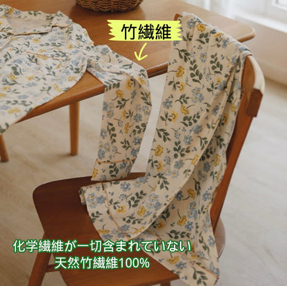 竹布🎋TAKEFU　【日本製】 ブルー&イエローお花柄　長袖 長ズボン パジャマ ルームウェア