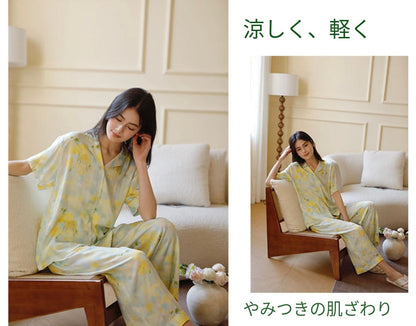 【FIORA】綿サテン 極艶 春の知らせイエロー花柄　長袖 ＆長ズボン　半袖＆長ズボン パジャマ ルームウェア レディース