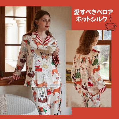 【先行発売開始】2025秋冬新作 🎃ホットシルク　裏地ベロア　ベージュ   わんチャン柄 　襟レッドストライプ柄 　 長袖 長ズボン パジャマ ルームウェア