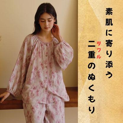 WダブルガーゼW【日本製】2025新作  ピンク染め   長袖　長ズボン  襟なし パジャマ ルームウェア