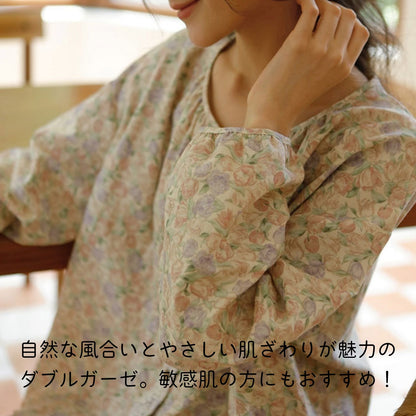 WダブルガーゼW【日本製】12月新作   スイートピー  襟なし　長袖　長ズボン  パジャマ ルームウェア