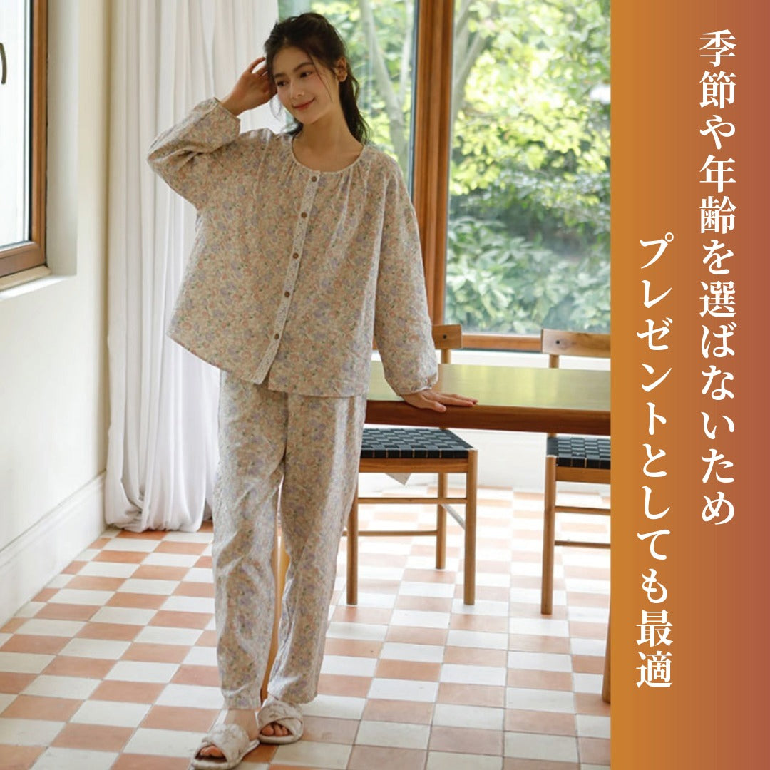 WダブルガーゼW【日本製】12月新作   スイートピー  襟なし　長袖　長ズボン  パジャマ ルームウェア