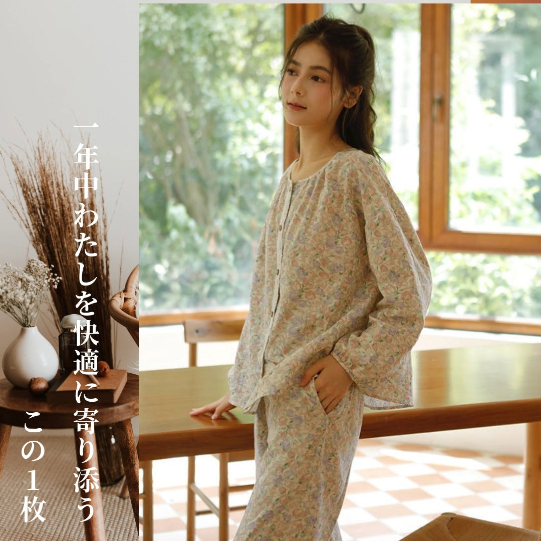 WダブルガーゼW【日本製】12月新作   スイートピー  襟なし　長袖　長ズボン  パジャマ ルームウェア