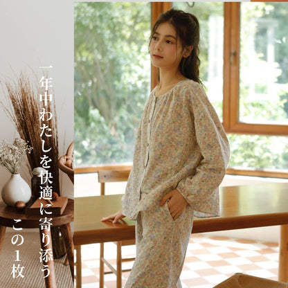 WダブルガーゼW【日本製】12月新作   スイートピー  襟なし　長袖　長ズボン  パジャマ ルームウェア