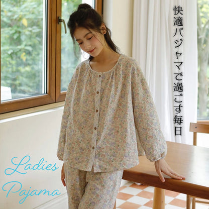 WダブルガーゼW【日本製】12月新作   スイートピー  襟なし　長袖　長ズボン  パジャマ ルームウェア