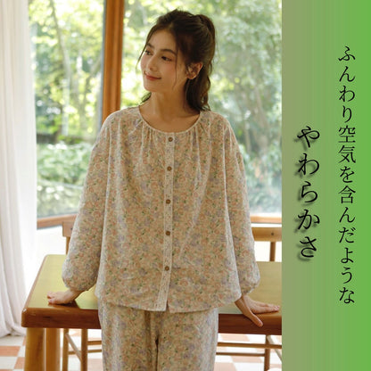 WダブルガーゼW【日本製】12月新作   スイートピー  襟なし　長袖　長ズボン  パジャマ ルームウェア