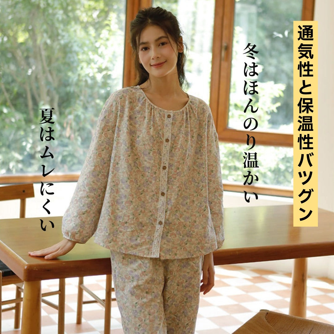 WダブルガーゼW【日本製】12月新作   スイートピー  襟なし　長袖　長ズボン  パジャマ ルームウェア