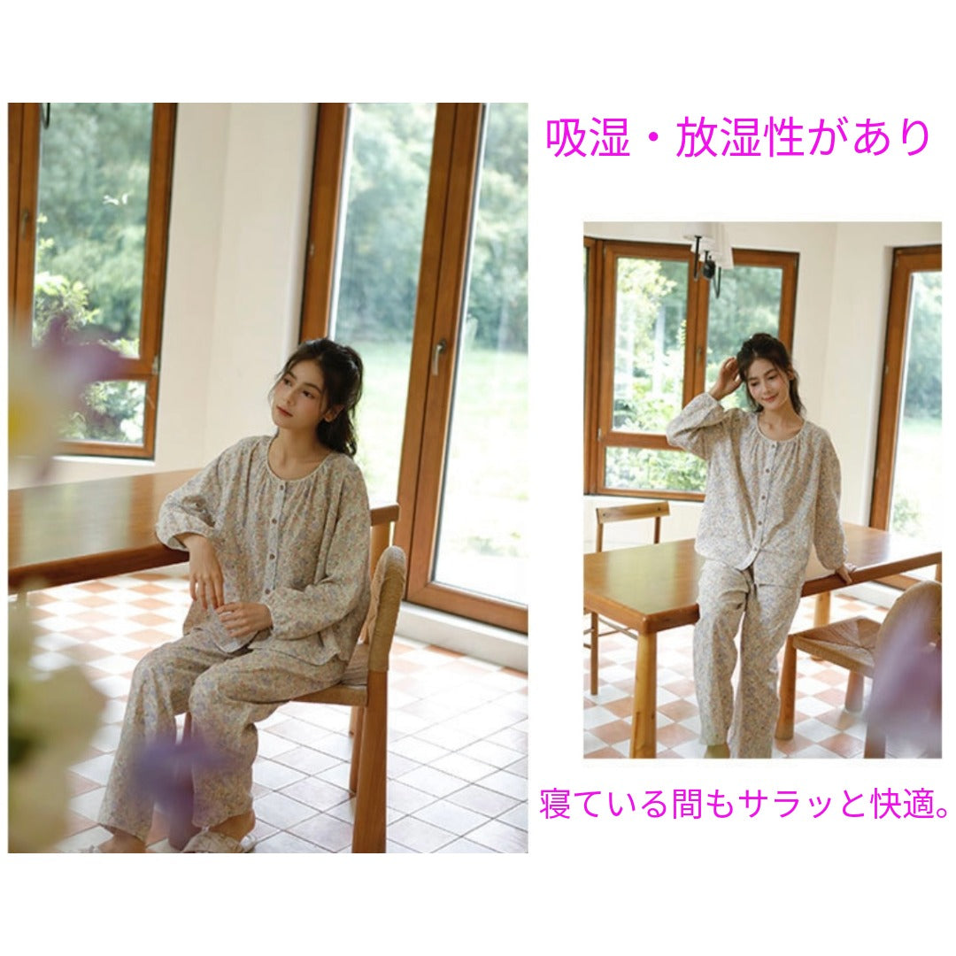 WダブルガーゼW【日本製】12月新作   スイートピー  襟なし　長袖　長ズボン  パジャマ ルームウェア
