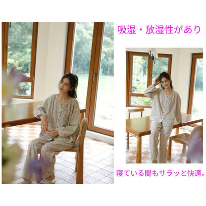 WダブルガーゼW【日本製】12月新作   スイートピー  襟なし　長袖　長ズボン  パジャマ ルームウェア