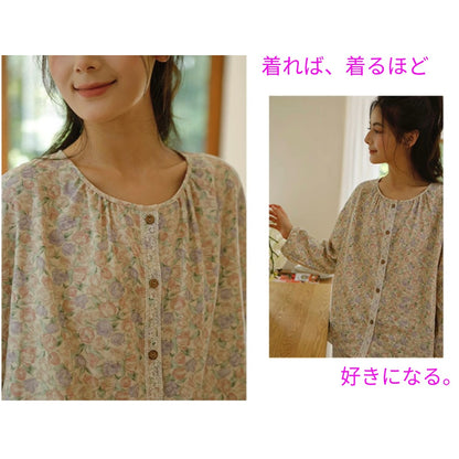 WダブルガーゼW【日本製】12月新作   スイートピー  襟なし　長袖　長ズボン  パジャマ ルームウェア