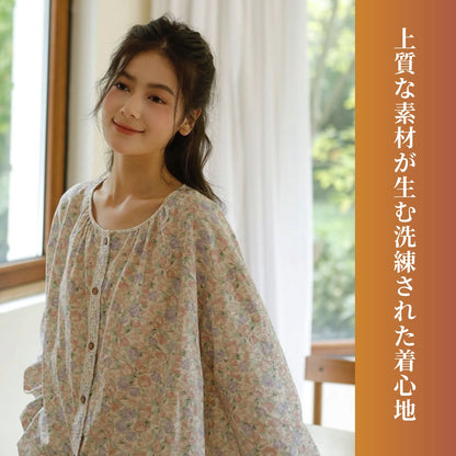 WダブルガーゼW【日本製】12月新作   スイートピー  襟なし　長袖　長ズボン  パジャマ ルームウェア