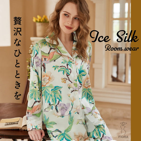 【FIORA】アイスシルク ホワイト カラフルな鳥＆お花柄  長袖  長ズボン パジャマ ルームウェア レディース