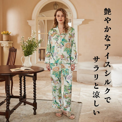 【FIORA】アイスシルク ホワイト カラフルな鳥＆お花柄  長袖  長ズボン パジャマ ルームウェア レディース