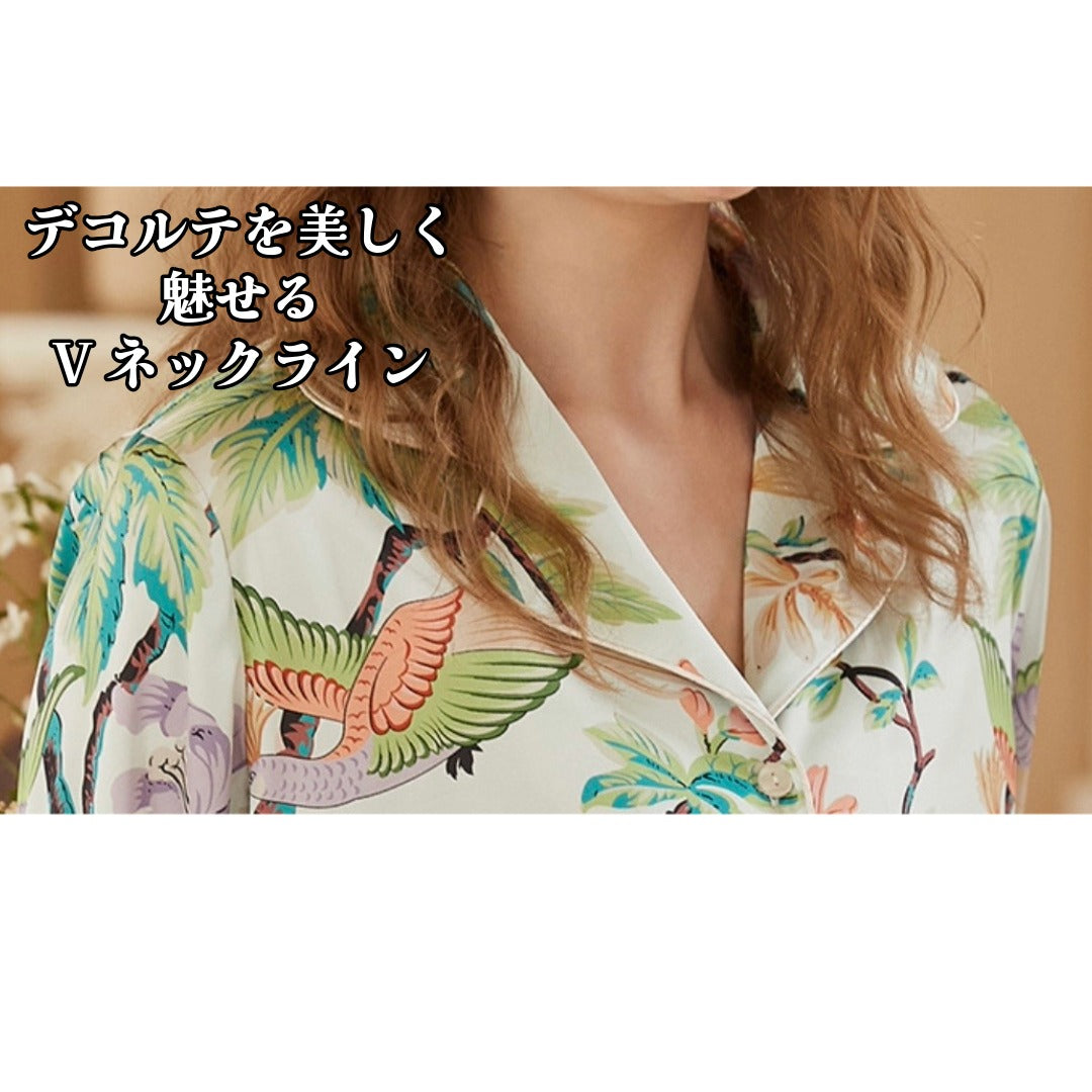 【FIORA】アイスシルク ホワイト カラフルな鳥＆お花柄  長袖  長ズボン パジャマ ルームウェア レディース