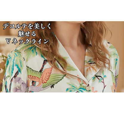 【FIORA】アイスシルク ホワイト カラフルな鳥＆お花柄  長袖  長ズボン パジャマ ルームウェア レディース