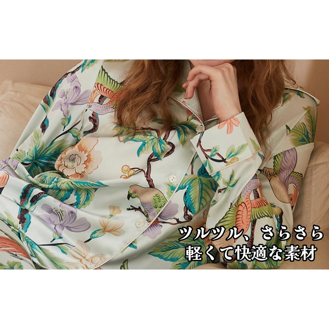 【FIORA】アイスシルク ホワイト カラフルな鳥＆お花柄  長袖  長ズボン パジャマ ルームウェア レディース