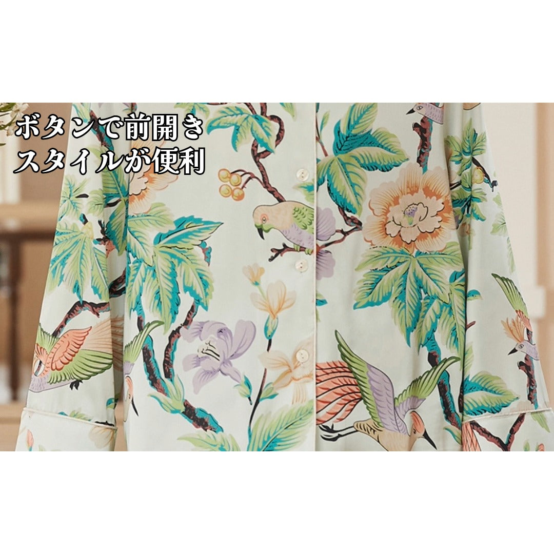 【FIORA】アイスシルク ホワイト カラフルな鳥＆お花柄  長袖  長ズボン パジャマ ルームウェア レディース