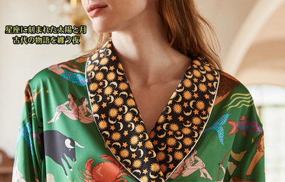 【先行発売開始】2025秋冬新作 🎃ホットシルク　ガウン　バスローブ　裏地ベロア　グリーン   星座柄 　襟太陽＆月柄  パジャマ ルームウェア