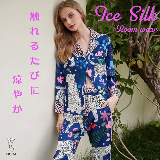 【FIORA】アイスシルク ネイビー 白ヒョウ 長袖  長ズボン パジャマ ルームウェア レディース