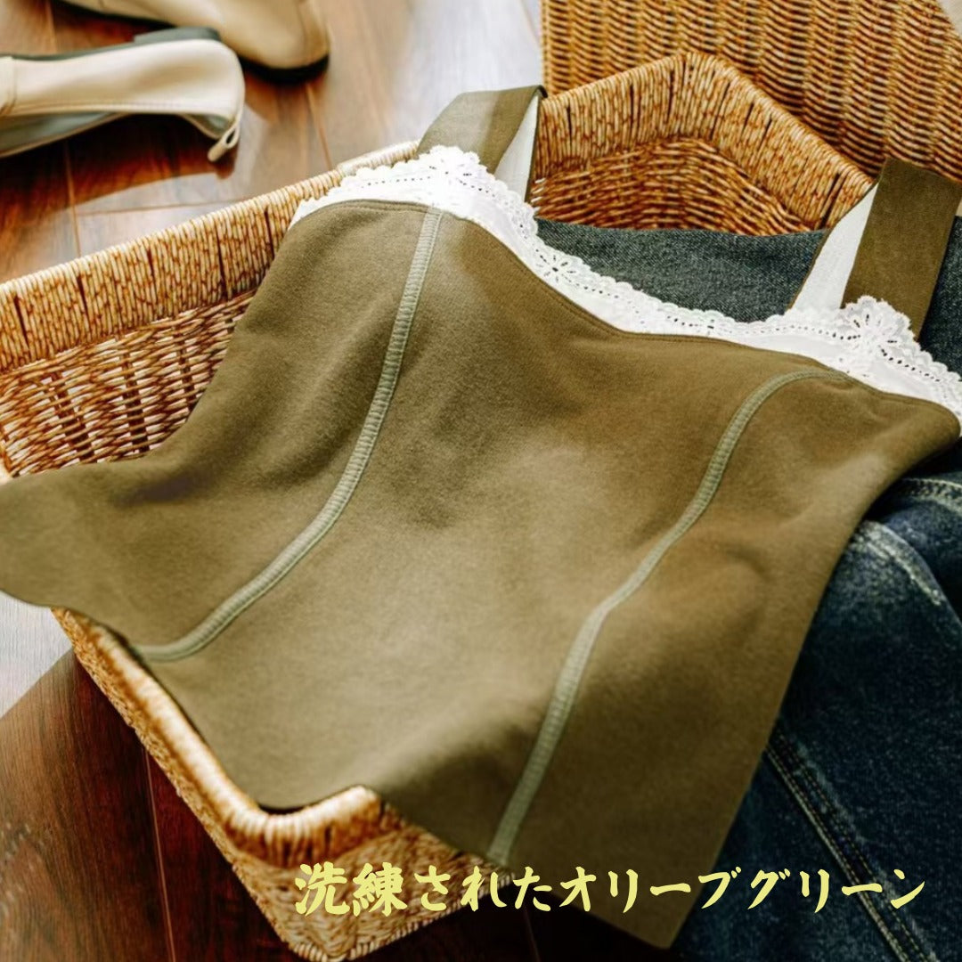 2026年新作　暖かい美シルエットインナーキャミ    両面起毛　ホワイト　ブラック　カーキ　レッド　キャミソール　レース　裏表起毛　４色展開