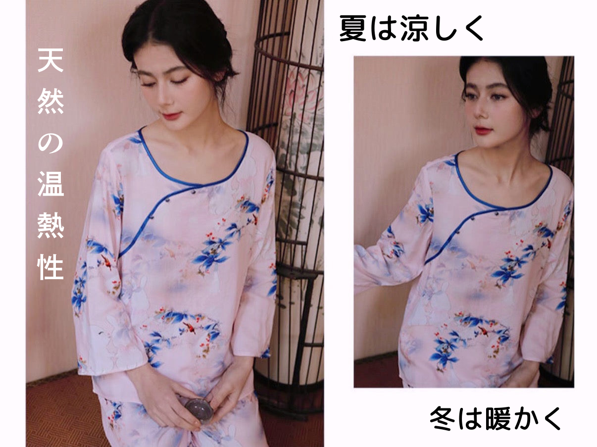 竹布🎋TAKEFU 【日本製】　　青紫色の花と赤い鳥　8分袖 　8分丈ズボン　パジャマ 　ルームウェア
