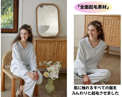 2025Winter 【日本製】全面起毛　パステル ストライプ柄 襟元花柄刺繍　袖口　全面起毛だから片面よりさらに柔らかく、あたたかい！　綿100％